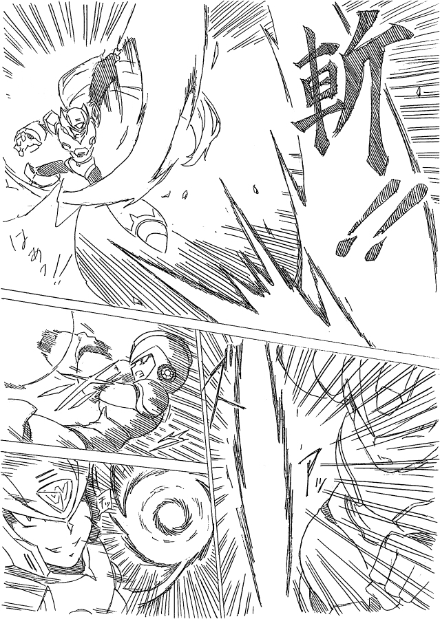 android arm_cannon battle check_translation clenched_teeth comic energy_sword evil_grin evil_smile greyscale grin helmet long_hair monochrome multiple_boys open_mouth rockman rockman_x screaming shouji_nigou smile speed_lines spoilers standing sword teeth translated translation_request very_long_hair weapon x_(rockman) zero_(rockman)