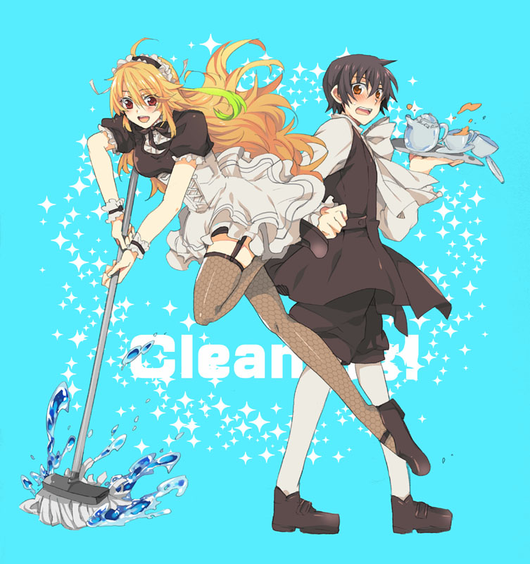 1girl ahoge alternate_costume aqua_background black_hair blonde_hair cleaning_brush corset cup dress enmaided fishnets jude_mathis long_hair maid maid_headdress milla_maxwell red_eyes sinaooo sparkle tales_of_(series) tales_of_xillia tea teacup thighhighs water