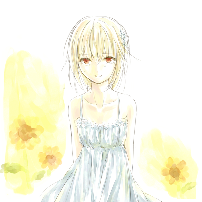 accelerator albino bad_id bad_pixiv_id bare_shoulders dress flower genderswap genderswap_(mtf) hair_flower hair_ornament red_eyes short_hair solo sunflower suzushina_yuriko to_aru_majutsu_no_index tsukimiso_(kinakonatto) white_dress white_hair