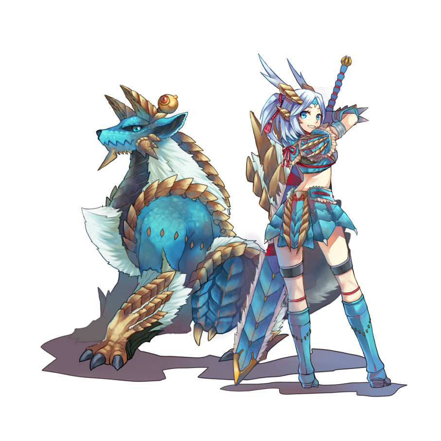 blue_eyes midriff momori monster_hunter monster_hunter_portable_3rd silver_hair skirt sword weapon zinogre zinogre_(armor)