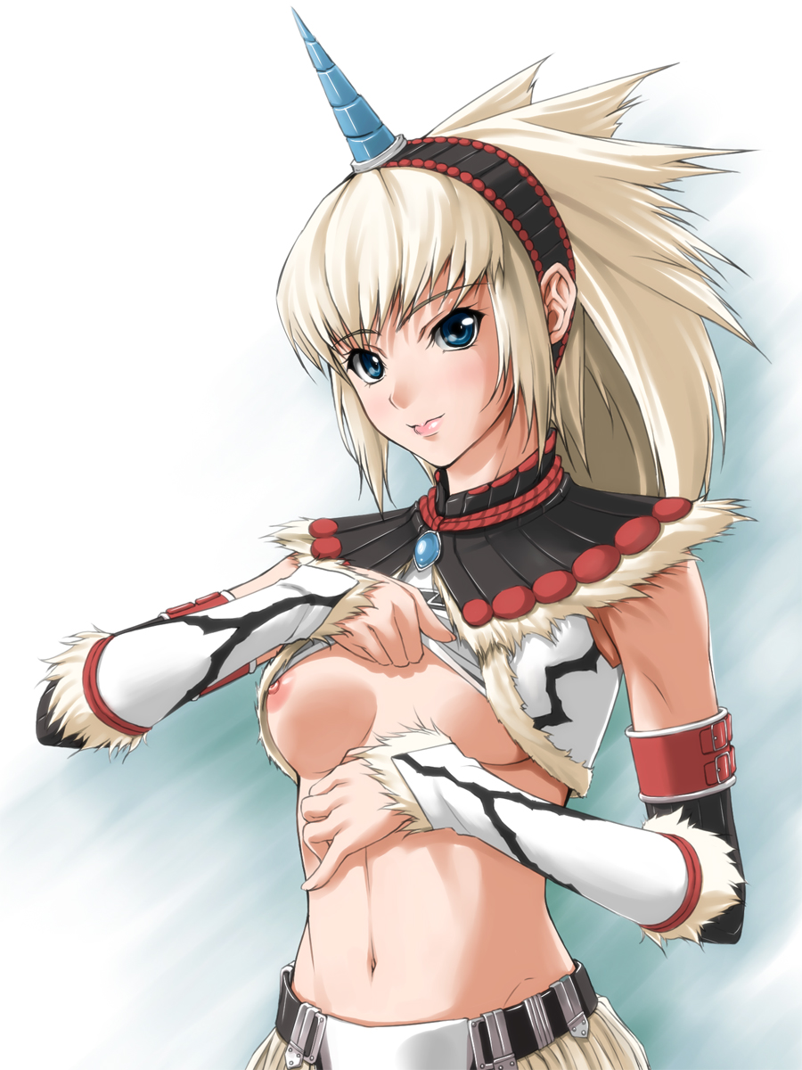 armband armor blonde_hair blue_eyes blush breast_slip breasts detached_sleeves fur hairband highres kirin_(armor) kuraki_hiro long_hair medium_breasts monster_hunter navel nipples one_breast_out shirt_lift solo strapless tubetop