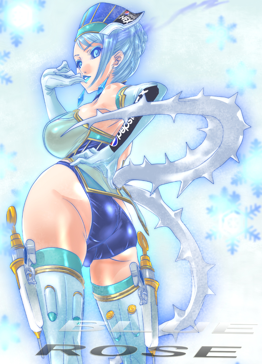 ass bad_id bad_pixiv_id bare_shoulders blue_eyes blue_hair blue_rose_(tiger_&amp;_bunny) boots breast_padding breasts cleavage crystal_earrings dodai_shouji earrings elbow_gloves fingernails gloves hat highres holster jewelry karina_lyle large_breasts lipstick makeup pepsi_nex product_placement short_hair solo thigh_boots thighhighs tiger_&amp;_bunny transparent_breasts_pads