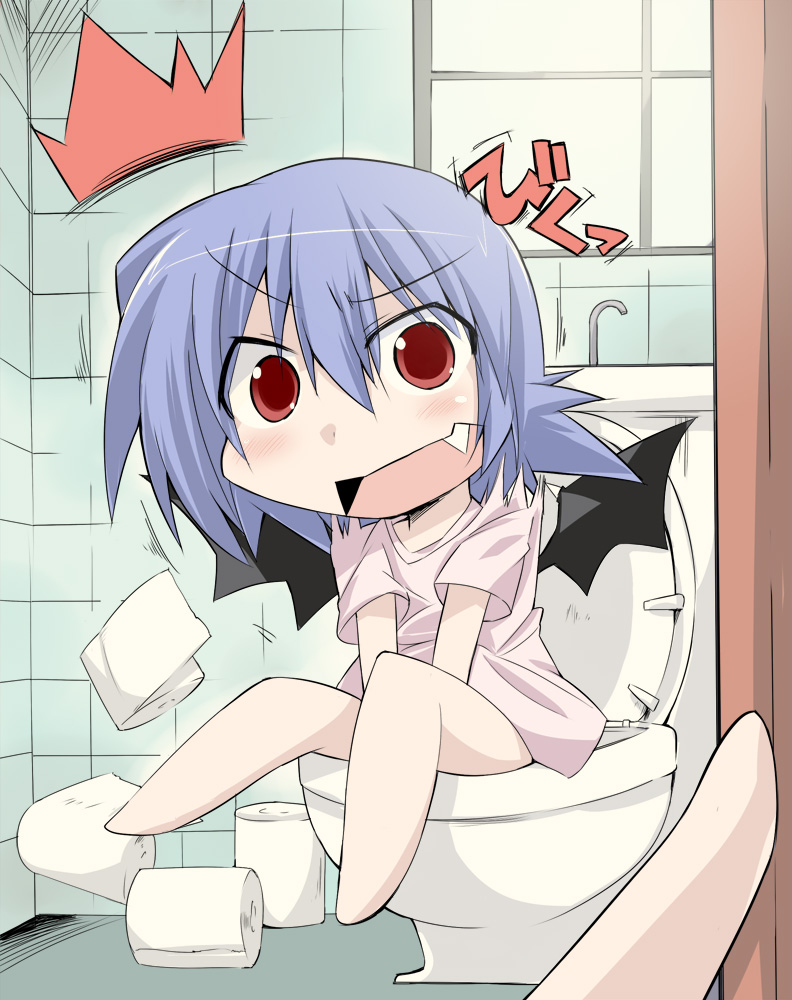 1girl bibi blue_hair bottomless chibi fang hands open_mouth red_eyes remilia_scarlet sitting solo toilet toilet_paper toilet_use touhou walk-in wings