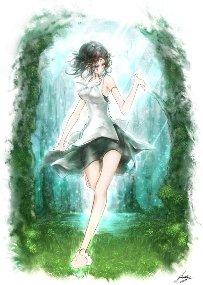 bare_arms bare_legs barefoot black_hair blue_eyes day dress earrings facepaint forest gingami_(giluziru) grass headband jewelry mononoke_hime nature necklace outdoors running san short_hair solo tree water
