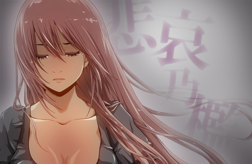 backlighting breasts cleavage closed_eyes collarbone eyelashes facing_viewer floating_hair flying_teardrops hair_between_eyes long_hair makeup mascara megurine_luka no10 pink_hair puffy_short_sleeves puffy_sleeves sad short_sleeves solo song_name tears upper_body vocaloid