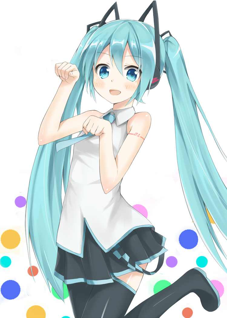 aqua_eyes aqua_hair bare_shoulders blue_eyes blush hatsune_miku headphones heirou long_hair necktie open_mouth paw_pose pose shirt simple_background skirt sleeveless sleeveless_shirt smile solo standing standing_on_one_leg thighhighs twintails very_long_hair vocaloid vocaloid_(lat-type_ver) white_background