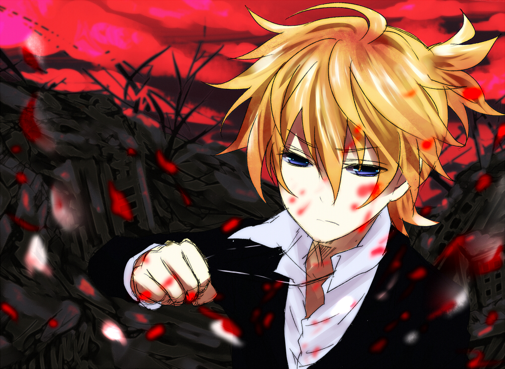 bad_id bad_pixiv_id blonde_hair blood blue_eyes jewelry kagamine_len male_focus modoromi necklace solo vocaloid