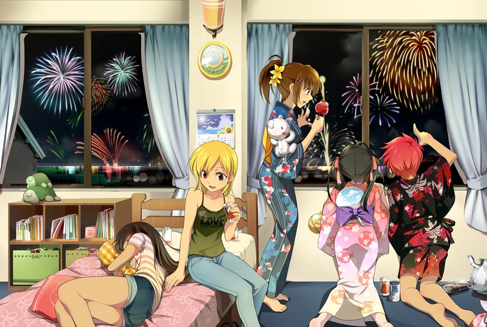 :&gt; aerial_fireworks bad_id bad_pixiv_id bed black_hair blonde_hair brown_eyes brown_hair calendar_(object) candy_apple clock cup doll fireworks flower food hair_flower hair_ornament hirococo japanese_clothes kimono multiple_girls original ponytail red_hair turtle twintails