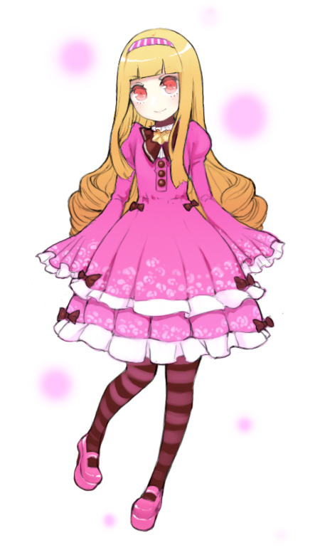blonde_hair bow dress fasces hairband long_hair mary_janes original pantyhose red_eyes ringlets shoes sleeves_past_wrists solo striped striped_legwear