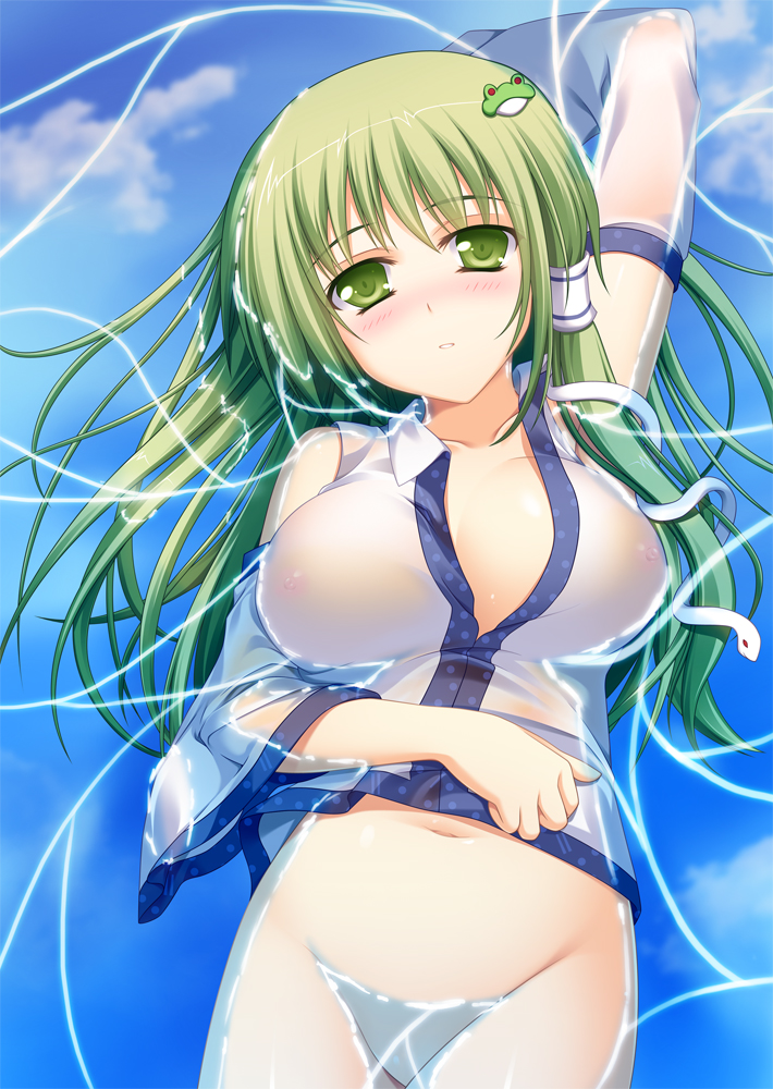 afloat arm_up blush bottomless breasts detached_sleeves frog green_eyes green_hair groin hair_ornament hair_tubes ippanhei_(blood-blood) kochiya_sanae large_breasts long_hair navel nipples no_bra see-through snake solo touhou water wet wet_clothes
