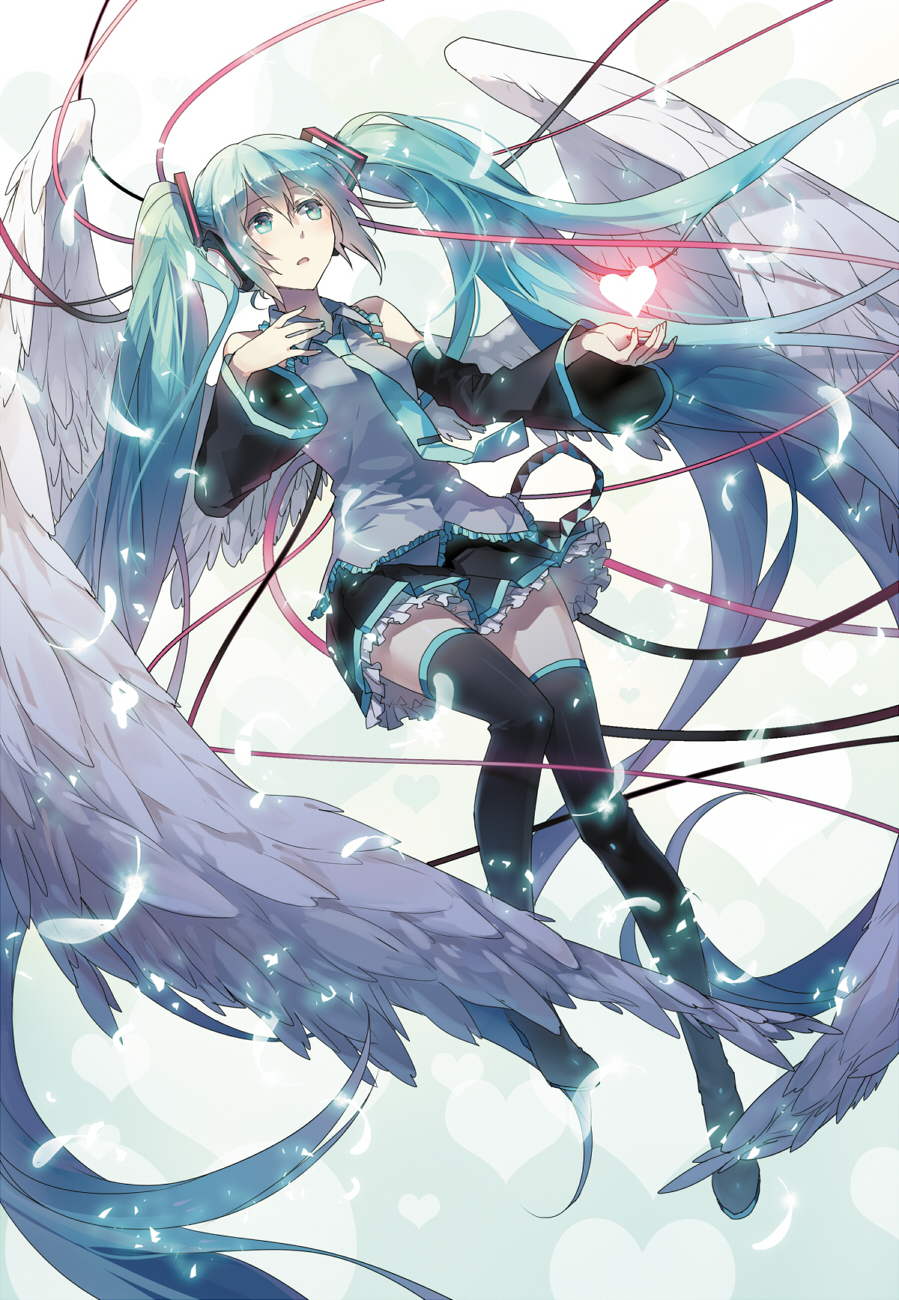 angel_wings aqua_eyes aqua_hair bare_shoulders detached_sleeves electric_angel_(vocaloid) feathers flying hatsune_miku heart highres large_wings long_hair necktie petticoat rella ribbon skirt solo thighhighs twintails very_long_hair vocaloid wings zettai_ryouiki