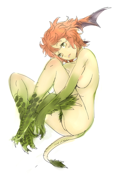 breasts brown_hair claws fetal_position full_body green_eyes head_wings medium_breasts monster_girl nishieda nude original plantar_flexion scales short_hair simple_background sketch solo tail