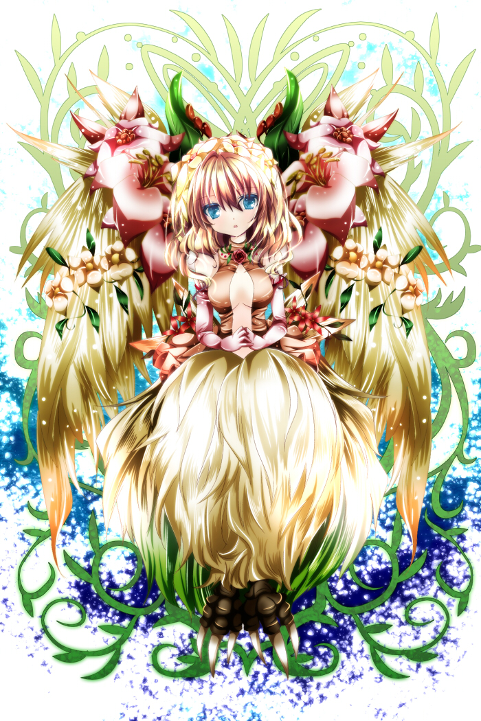 bad_id bad_pixiv_id blonde_hair blue_eyes character_request claws cleavage_cutout copyright_request elbow_gloves flower gloves hair_flower hair_ornament hands_clasped heart nanase_nao own_hands_together plant shirt skirt solo vines wings
