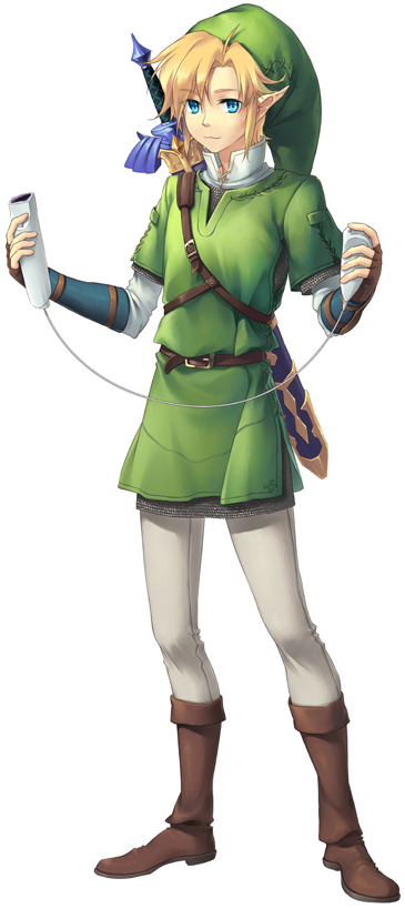 blonde_hair blue_eyes controller game_console game_controller gloves hat link male_focus pointy_ears smile solo sword the_legend_of_zelda the_legend_of_zelda:_twilight_princess tonykun weapon wii wii_remote