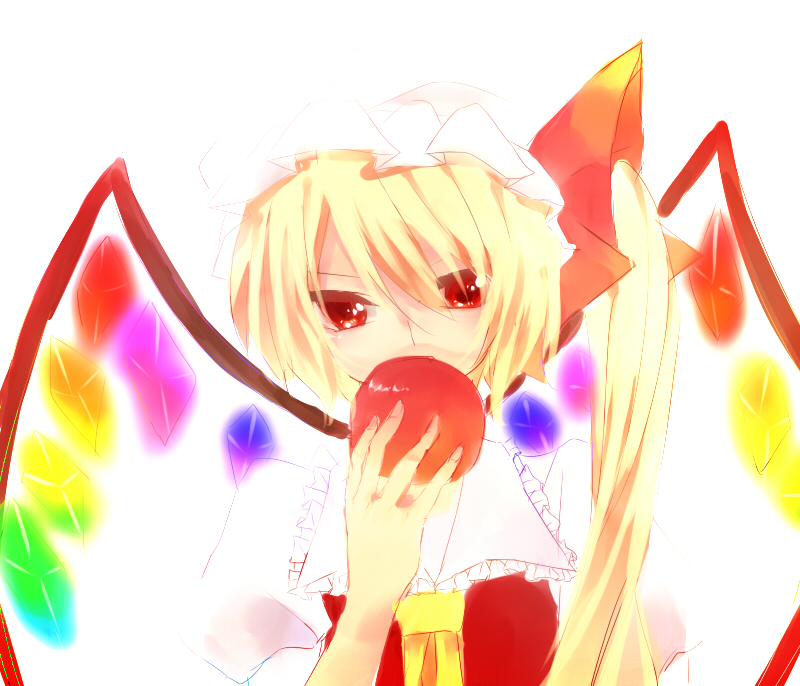 apple bad_id bad_pixiv_id blonde_hair eating fang flandre_scarlet food fruit hat holding holding_food holding_fruit ponytail red_eyes side_ponytail simple_background sketch solo taka_rin touhou wings