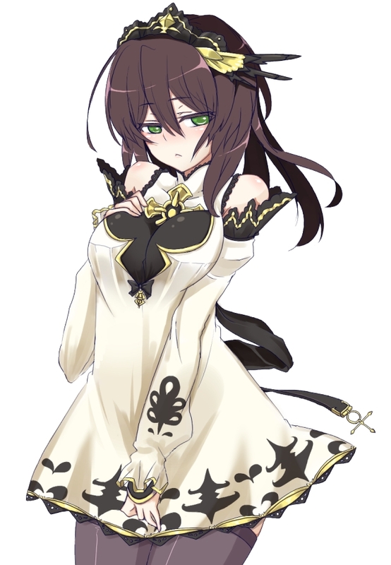 :&lt; blush breast_squeeze breasts brown_hair character_request cleavage cross detached_sleeves fantasy_earth_zero green_eyes headdress kiri_(kyannsa01) medium_breasts solo thighhighs