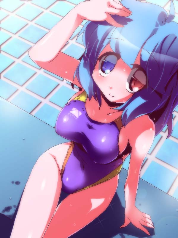 blue_eyes blue_hair breasts competition_swimsuit from_above heterochromia looking_up medium_breasts miuku_(marine_sapphire) one-piece_swimsuit red_eyes short_hair sitting solo swimsuit tatara_kogasa touhou