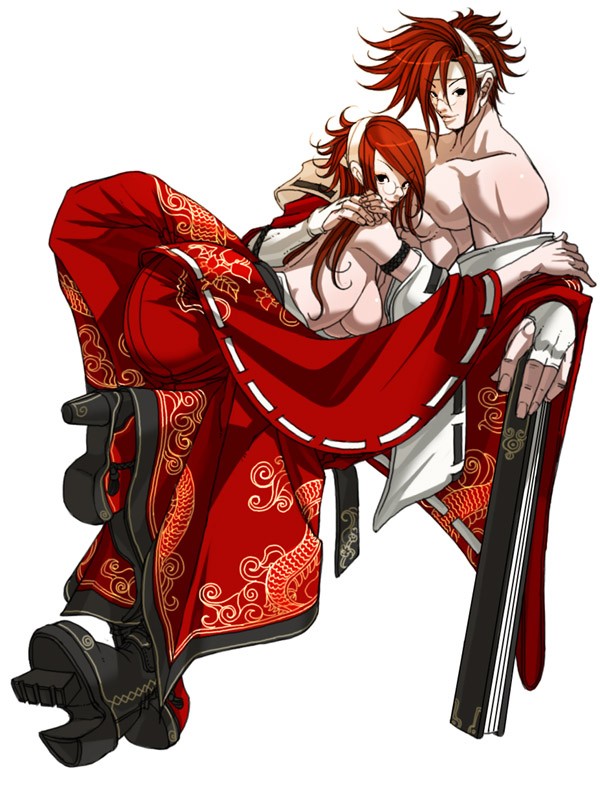 1girl alternate_color breasts bridal_gauntlets detached_sleeves dual_persona falcoon fan fingerless_gloves folding_fan genderswap geta glasses gloves guilty_gear hakama headband high_heels hug japanese_clothes large_breasts mito_anji muscle pince-nez red_hair red_hakama shirtless shoes sideboob topless
