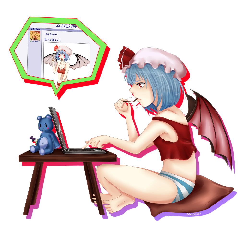 aneogyps armpits bat_wings blue_hair bow camisole computer food hat panties pillow pocky red_eyes remilia_scarlet solo striped striped_panties stuffed_animal stuffed_toy teddy_bear touhou transparent_background underwear underwear_only wings
