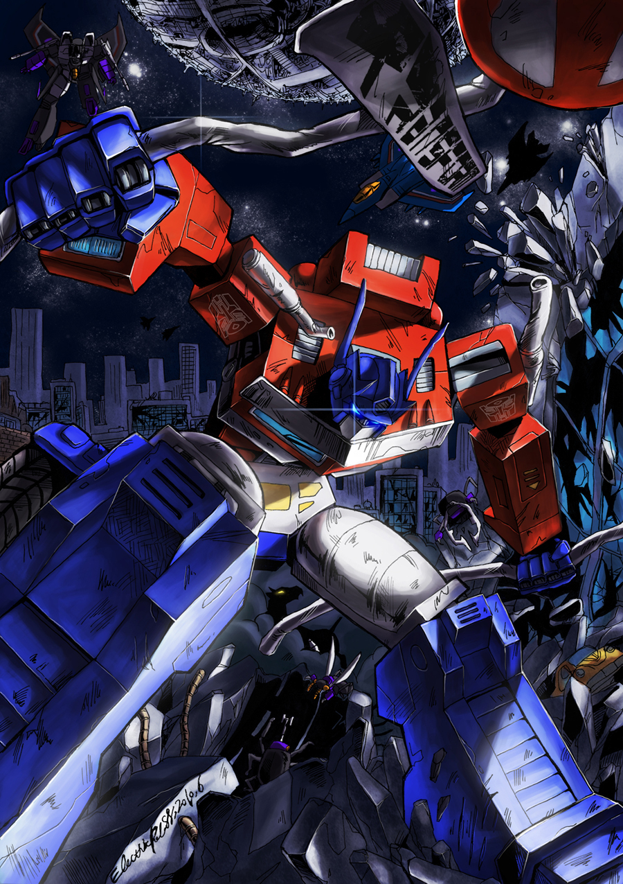 autobot battle blue_eyes bombshell bumblebee city cybertron decepticon denchuu_88 destruction epic glowing glowing_eyes highres kickback mecha no_humans oldschool optimus_prime robot ruins science_fiction shrapnel_(transformers) skywarp space thundercracker transformers