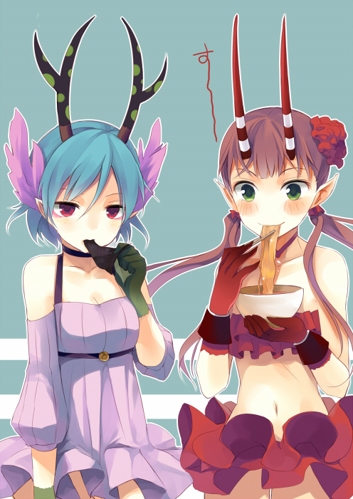 bare_shoulders blue_hair blush brown_hair c_(control) eating flower food gloves green_eyes hair_flower hair_ornament horns jing_hu long_hair mashu_(control) midas_money midriff multiple_girls navel pointy_ears q_(control) red_eyes short_hair