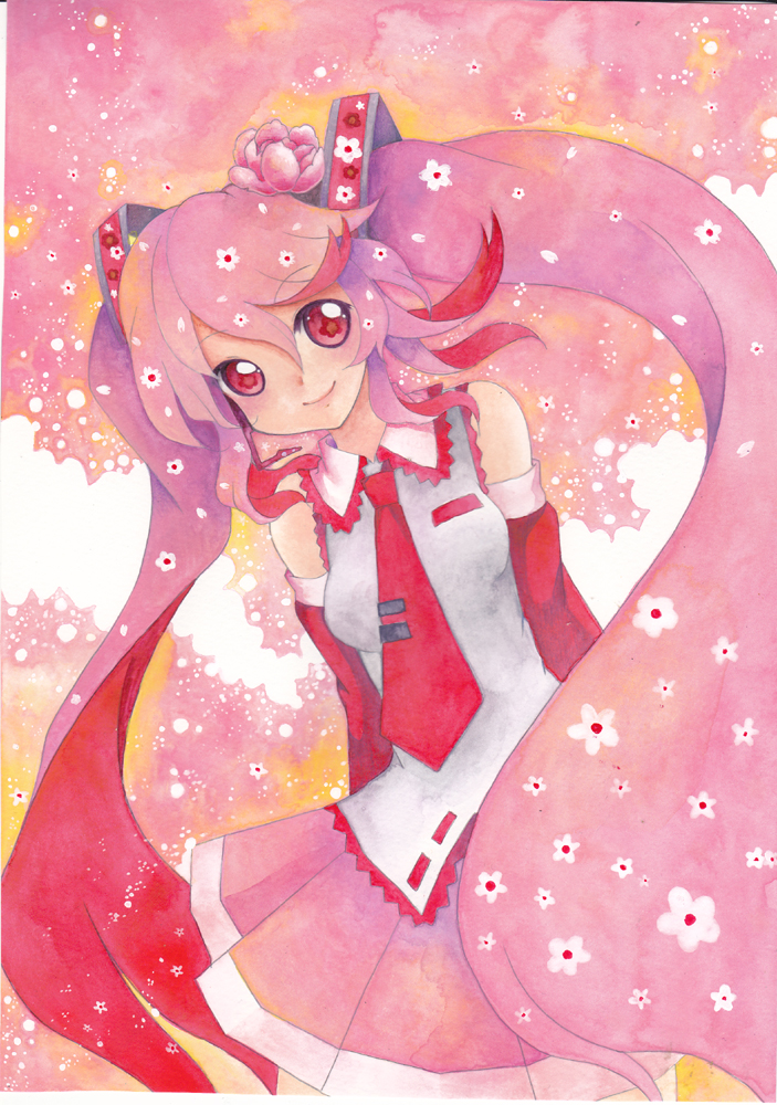 bad_id bad_pixiv_id bare_shoulders cherry_blossoms detached_sleeves flower hair_flower hair_ornament hatsune_miku headset long_hair looking_at_viewer marker_(medium) mosho necktie object_namesake petals pink_hair red_eyes sakura_miku smile solo traditional_media twintails very_long_hair vocaloid watercolor_(medium) watercolor_pencil_(medium)