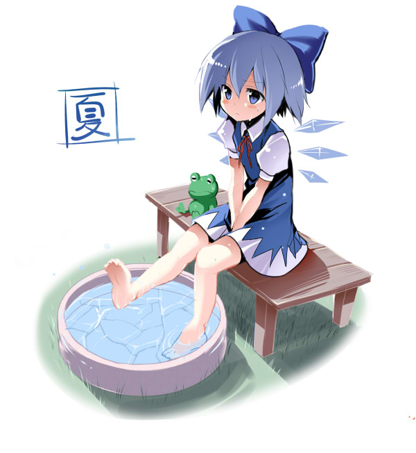 barefoot basin blue_eyes blue_hair blush bow cirno dress feet frog full_body hair_bow hot pikazo simple_background sitting soaking_feet solo summer sweat touhou v_arms water wings