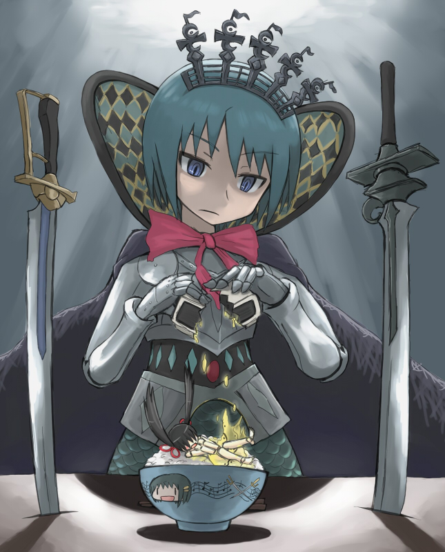 armor blue_eyes blue_hair bowl cape h.n.elly_(kirsten) mahou_shoujo_madoka_magica mermaid miki_sayaka monster_girl neri_gozu oktavia_von_seckendorff rice spoilers sword television weapon wide_face |_|