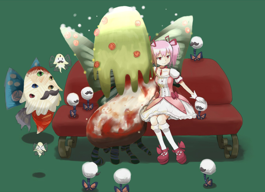 adelbert_(madoka_magica) anthony_(madoka_magica) butterfly_wings choker couch dress gertrud_(madoka_magica) hair_ribbon jewelry kaname_madoka magical_girl mahou_shoujo_madoka_magica neri_gozu pendant petting pink_eyes pink_hair ribbon short_twintails sitting soul_gem twintails wings witch_(madoka_magica)