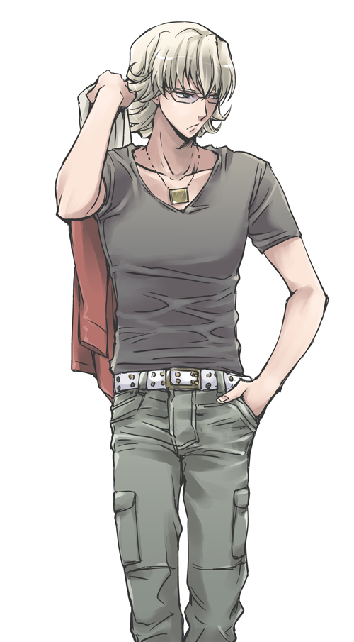 barnaby_brooks_jr belt blonde_hair eikichi_(hp001) glasses green_eyes hand_in_pocket jacket jewelry male_focus necklace red_jacket shirt simple_background solo studded_belt t-shirt tiger_&amp;_bunny white_background