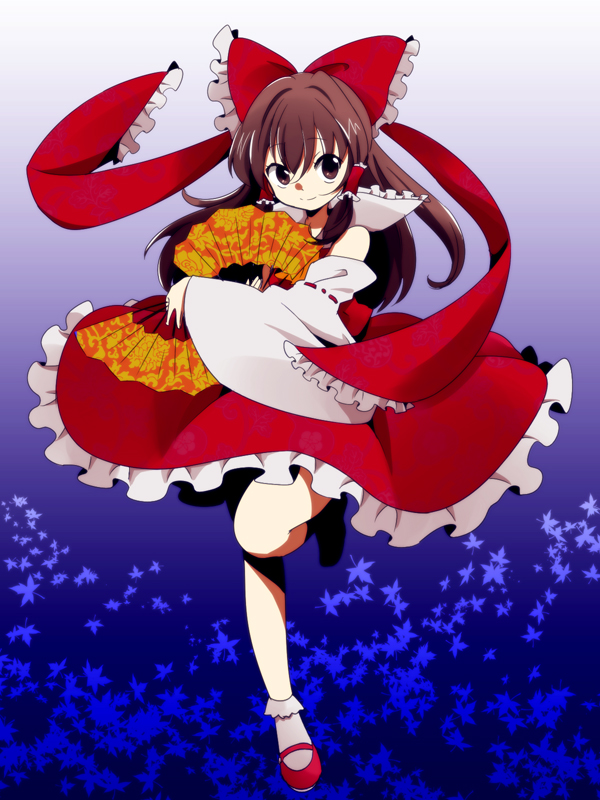 bad_id bad_pixiv_id bow brown_eyes brown_hair dancing detached_sleeves dress dual_wielding fan hair_bow hair_tubes hakurei_reimu holding ica leaf maple_leaf red_dress smile solo standing standing_on_one_leg touhou
