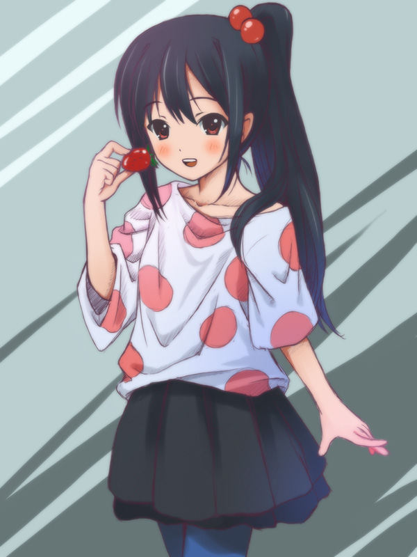 black_hair blue_legwear brown_eyes food fruit holding holding_food holding_fruit k-on! listen!! long_hair nakano_azusa pantyhose polka_dot ryunnu side_ponytail solo strawberry