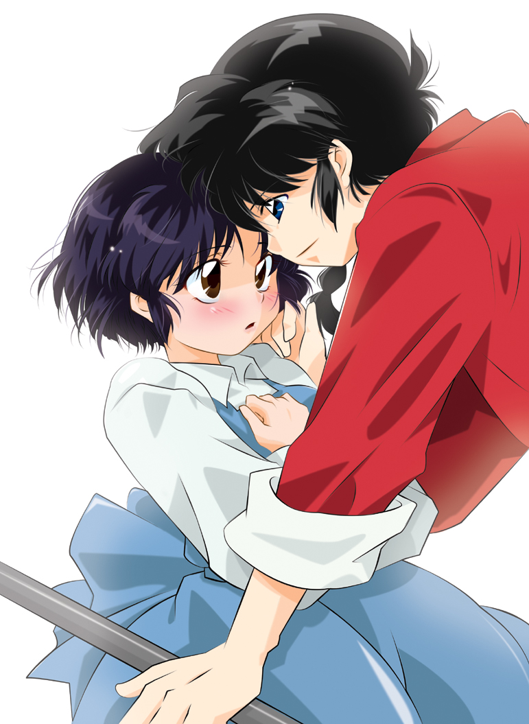 1girl black_hair blue_dress blue_eyes blue_hair blush braid brown_eyes chinese_clothes couple dress dress_shirt fuurinkan_high_school_uniform hetero imminent_kiss long_sleeves morie ranma_1/2 saotome_ranma school_uniform shirt short_hair simple_background single_braid tendou_akane white_background