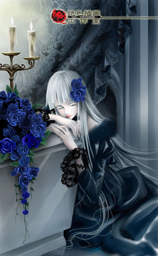 artist_request bangs black_dress blue_flower blue_rose blunt_bangs bow candle character_request choker colored_eyelashes copyright_request curtains dress eyelashes flower fur gown grey hair_bow hair_ornament hands lace lips lolita_fashion long_hair long_sleeves red_lips rose silver_hair sitting solo source_request very_long_hair