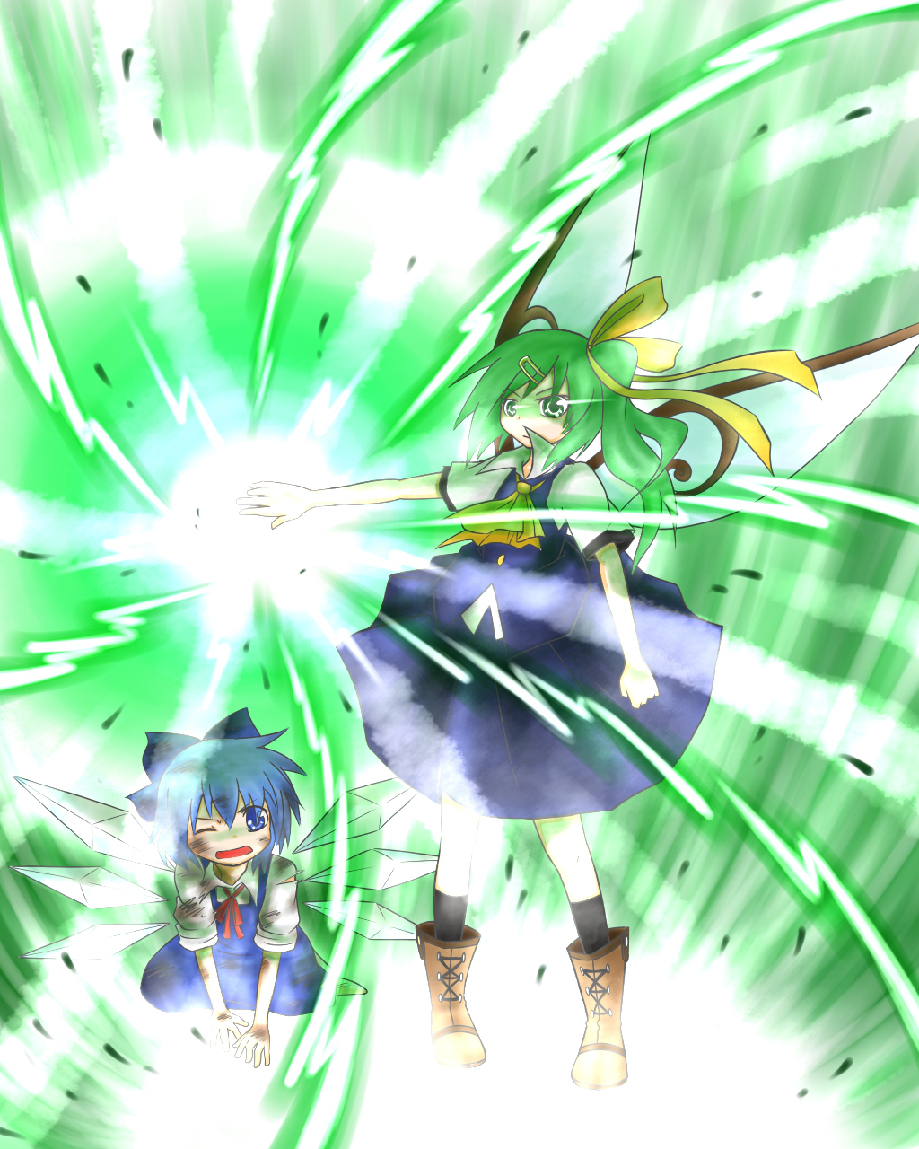 blue_eyes blue_hair boots bow cirno daiyousei green_eyes green_hair hair_bow highres injury magic multiple_girls protecting scrape standing torn_clothes touhou viva!! wince wings