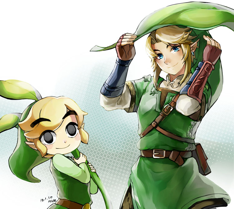 black_eyes blue_eyes dual_persona earrings gloves hat jewelry link male_focus multiple_boys muse_(rainforest) pointy_ears smile super_smash_bros. the_legend_of_zelda toon_link
