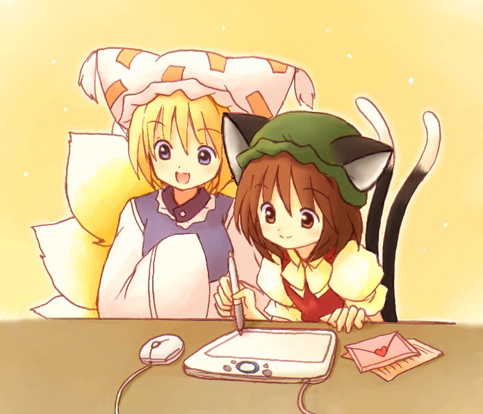 chen drawing_tablet eijima_moko letter mouse_(computer) multiple_girls touhou wacom yakumo_ran