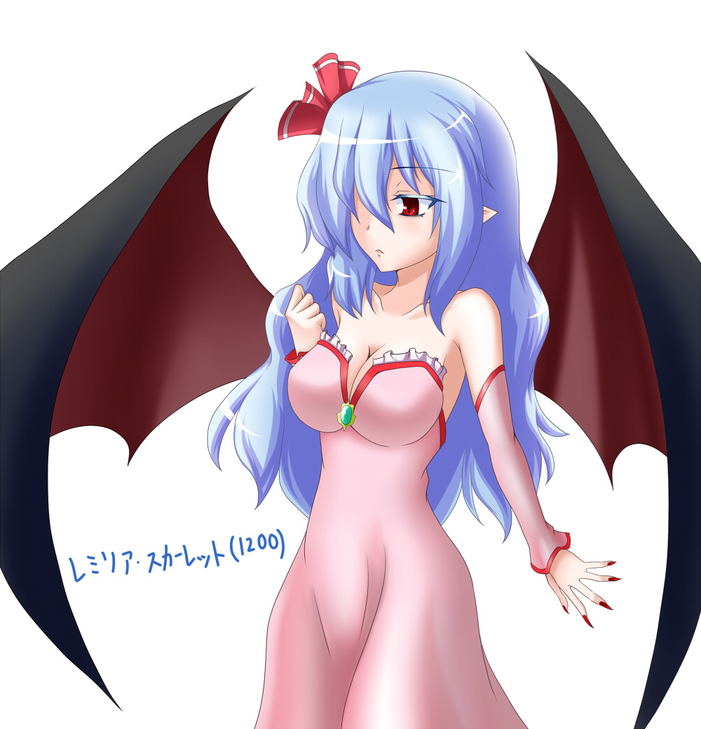 alternate_hairstyle bare_shoulders bat_wings bella1202 blue_hair breasts cleavage colored_eyelashes detached_sleeves dress eyelashes fingernails hair_over_one_eye hair_ribbon long_fingernails long_hair medium_breasts nail_polish older pointy_ears red_eyes red_nails remilia_scarlet ribbon solo touhou wings