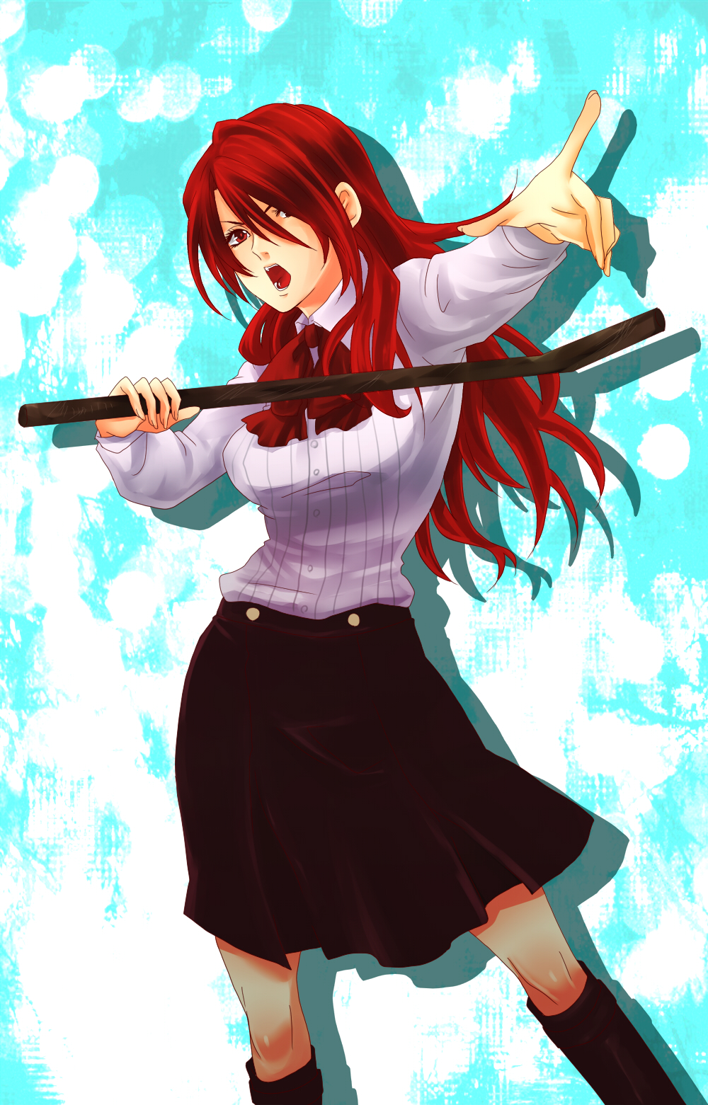 bad_id bad_pixiv_id boots bow highres kirijou_mitsuru knee_boots lead_pipe long_hair matano_maya open_mouth persona persona_3 pointing red_eyes red_hair ribbon school_uniform skirt solo