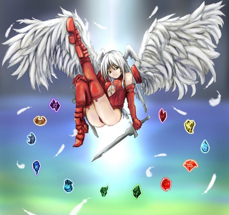 angel_wings armor armored_boots artist_request ass boots breasts cleavage elbow_gloves feathers final_fantasy final_fantasy_tactics full_body gem gloves glowing grey_hair head_wings holding holding_sword holding_weapon leotard long_hair looking_at_viewer red_eyes red_gloves sidelocks silver_hair smile solo sword thigh_boots thighhighs ultima_(fft) underboob underboob_cutout weapon white_hair wings