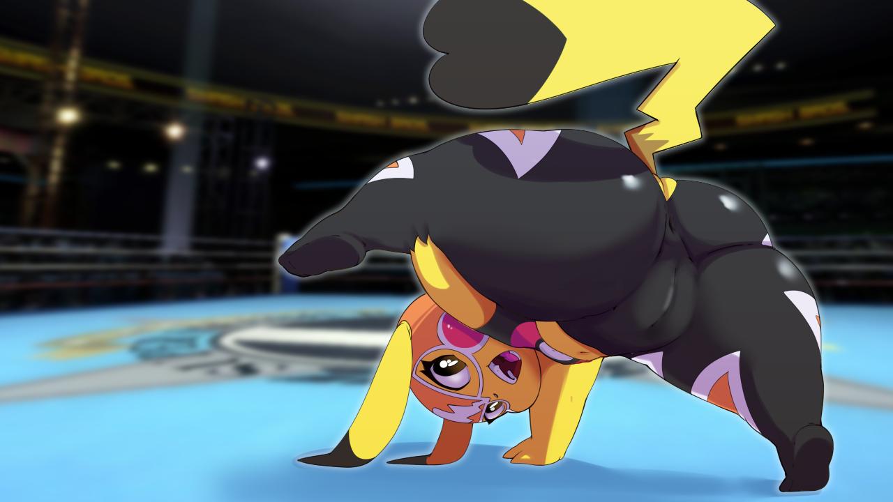 2019 anthro anus ass_up big_butt bra brachyzoid butt camel_toe cleft_tail clothed clothing cosplay_pikachu female fur legwear luchador mammal mask nintendo open_mouth pikachu pikachu_libre pok&eacute;mon pok&eacute;mon_(species) presenting presenting_hindquarters rodent short_stack slightly_chubby sports_bra thick_thighs tight_clothing tights underwear video_games wrestler yellow_fur