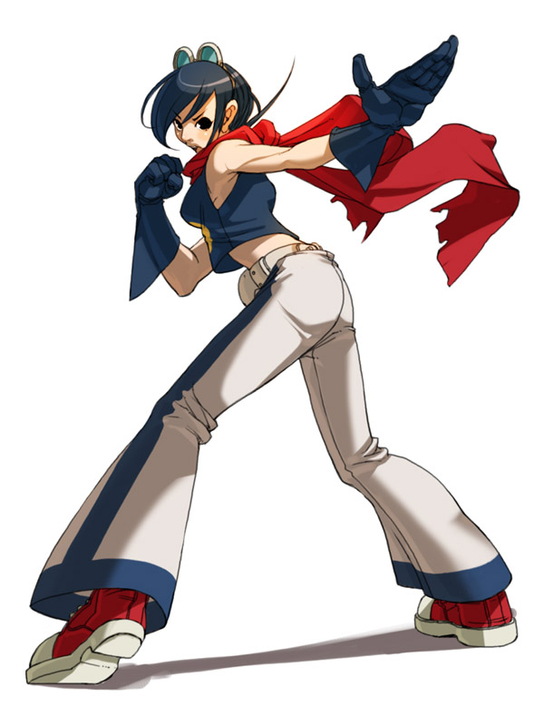 bellbottoms blue_eyes blue_hair cape falcoon gloves goggles goggles_on_head may_lee midriff short_hair solo the_king_of_fighters