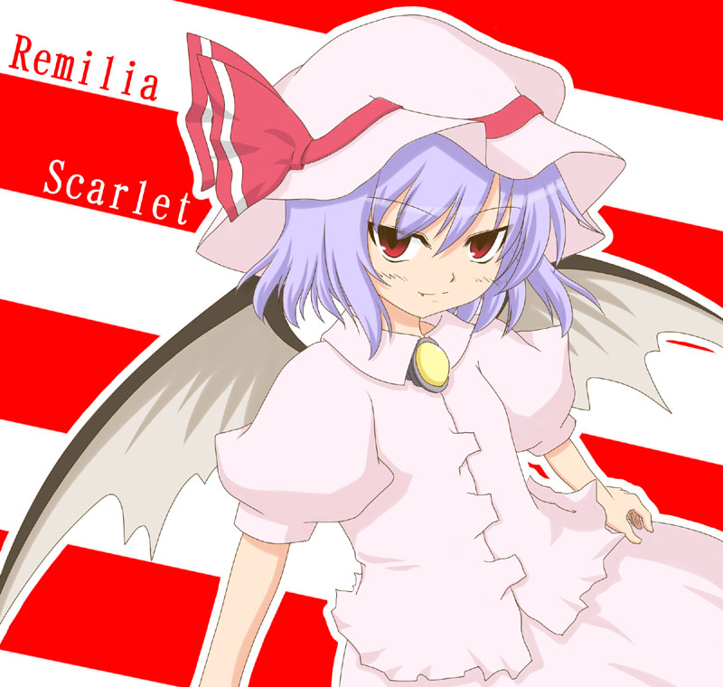 bat_wings bottomless fang female hat looking_at_viewer purple_hair red_eyes remilia_scarlet ribbon solo standing touhou vampire violet_hair wings