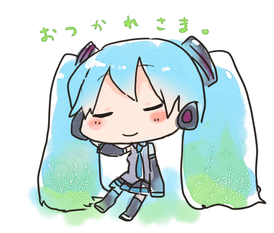 aqua_hair chibi closed_eyes detached_sleeves flower hatsune_miku headset long_hair necktie no_nose solo thighhighs translated twintails ume_(plumblossom) very_long_hair vocaloid