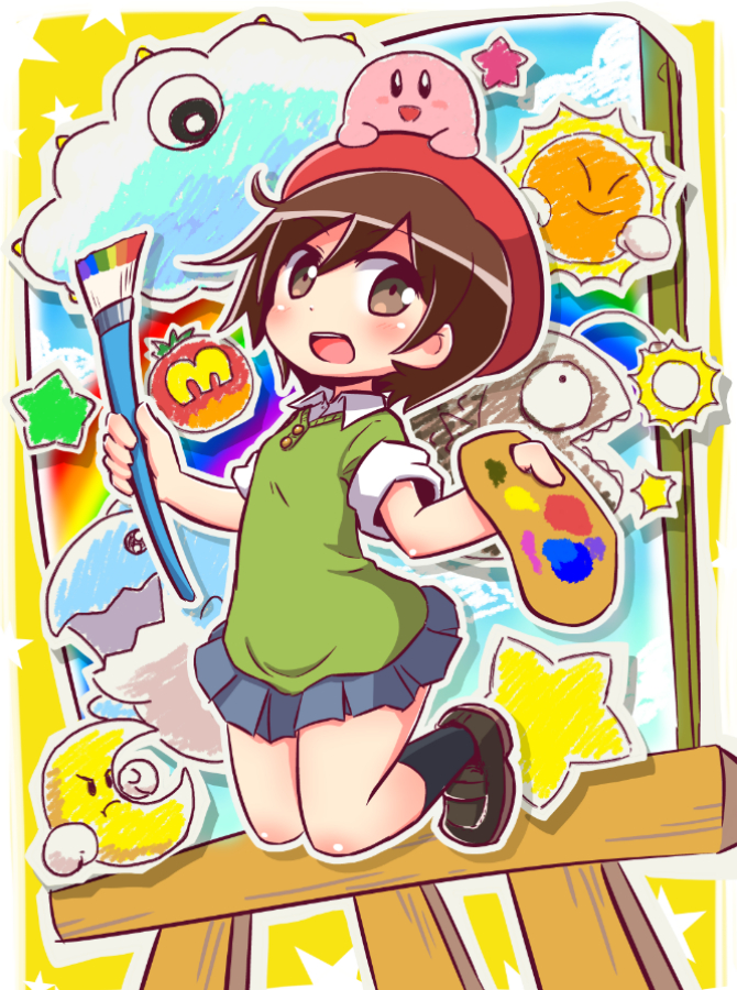1girl :d ado art_brush bangs beret black_legwear blue_skirt blush brown_eyes brown_footwear brown_hair canvas_(object) character_request cloud collared_shirt commentary_request crescent_moon easel eyebrows_visible_through_hair green_shirt hair_between_eyes hat holding holding_paintbrush kirby kirby's_dream_land_3 kirby_(series) loafers looking_at_viewer maxim_tomato miniskirt moon naga_u nintendo open_mouth paintbrush pleated_skirt red_hat shirt shoes short_sleeves skirt smile socks star sun