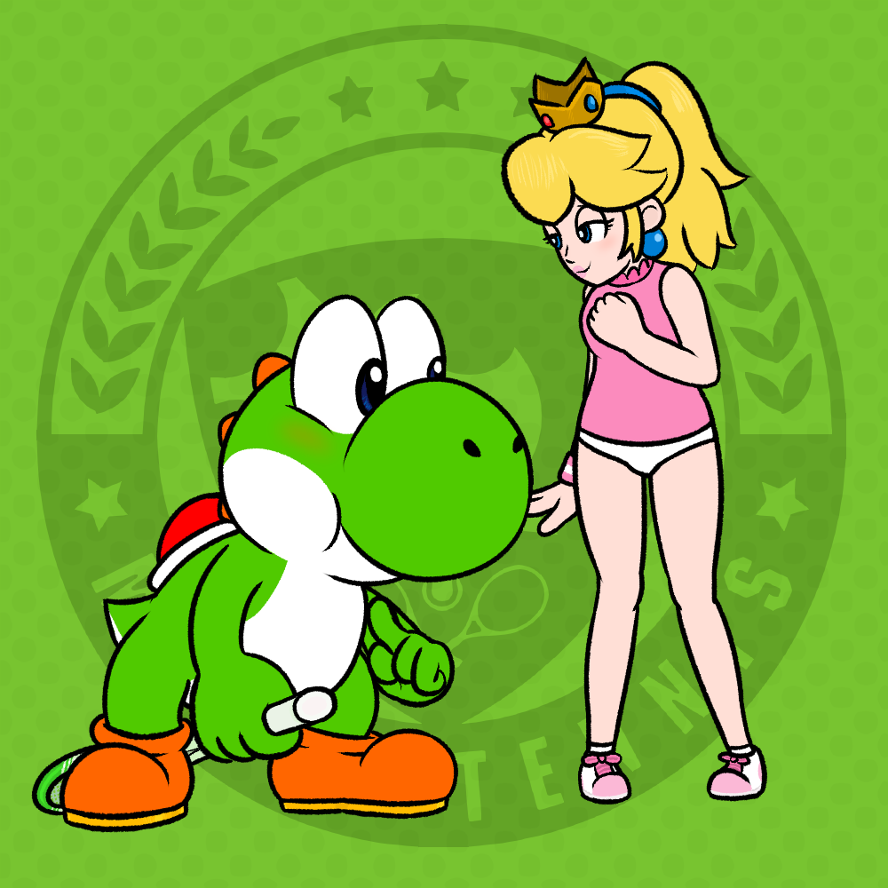 2018 blonde_hair blue_eyes blush clothing crown ear_piercing ear_ring english_text female hair lipstick makeup male male/female mario_bros nintendo nishi panties piercing pink_lipstick pink_shirt pink_shoes pink_topwear ponytail princess_peach tennis tennis_racket tennis_shoes text underwear video_games white_shoes white_underwear yoshi