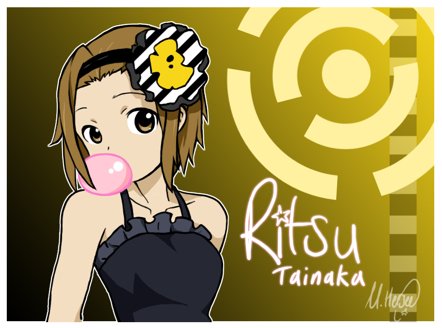 1girl artist_request black_dress brown_eyes brown_hair bubble_gum bubblegum dress k-on! kyoto_animation short_hair solo tainaka_ritsu