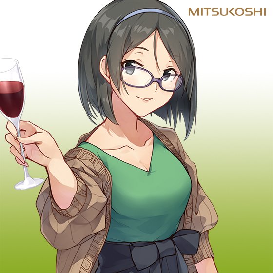 1girl alternate_costume black_eyes black_hair breasts cleavage cup drinking_glass glasses green-framed_eyewear hair_ornament hairband kantai_collection kirishima_(kantai_collection) konishi_(koconatu) looking_at_viewer medium_breasts official_art parted_lips short_hair smile solo upper_body wine_glass