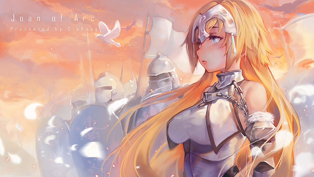 1girl armor armored_dress artist_name bird blonde_hair blue_eyes chains character_name cloud fate/apocrypha fate_(series) feathers headpiece jeanne_d'arc_(fate) jeanne_d'arc_(fate)_(all) long_hair motion_blur orange_sky profile shield sky sleeveless xiaobang