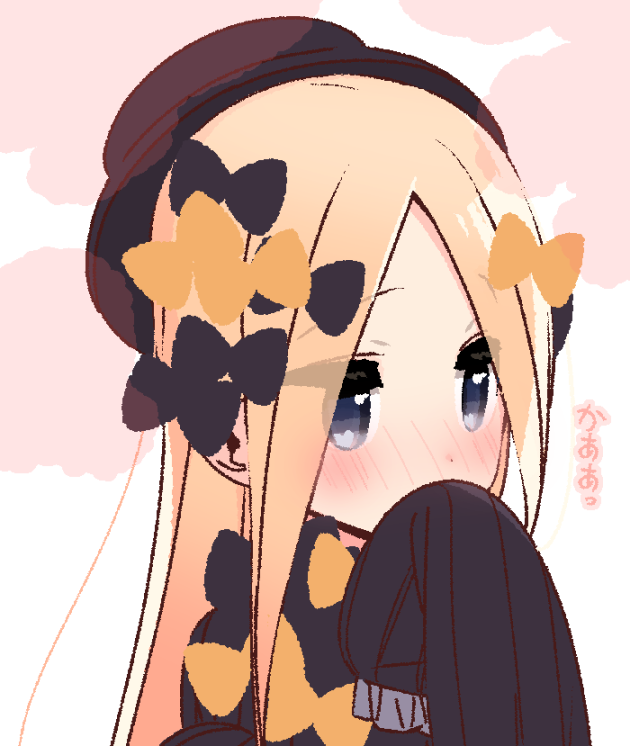 1girl abigail_williams_(fate/grand_order) bangs black_bow black_dress black_hat blonde_hair blue_eyes blush bow covered_mouth dress eyebrows_visible_through_hair eyes_visible_through_hair fate/grand_order fate_(series) forehead hair_bow hand_up hat long_hair long_sleeves looking_away nose_blush orange_bow parted_bangs sleeves_past_fingers sleeves_past_wrists solo translation_request upper_body very_long_hair yoru_nai